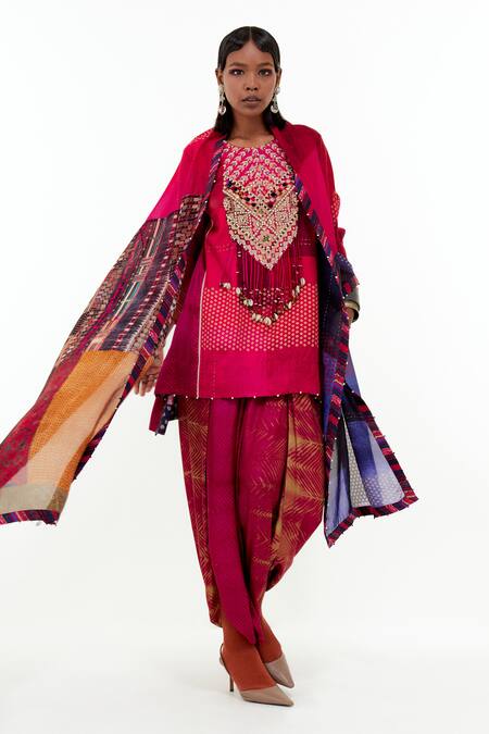 Buy_Aseem Kapoor_Multi Color Silk Beads Patti Print Odhni _Online_at_Aza_Fashions