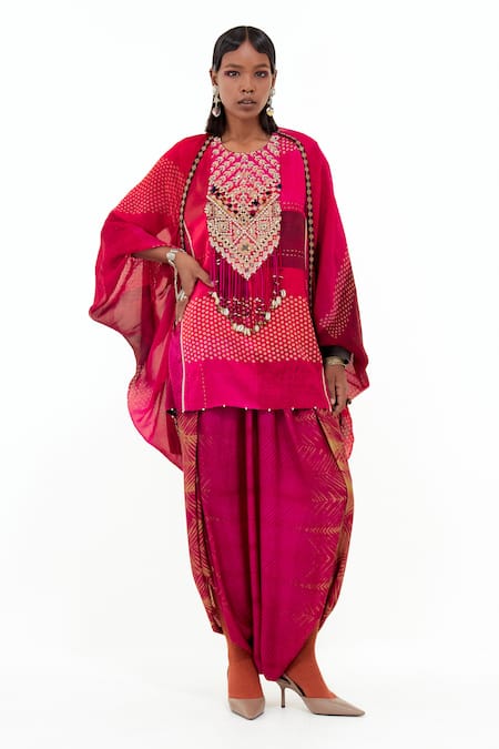 Shop_Aseem Kapoor_Pink Cotton, Silk, Muslin Mitra Embroidered Short Kurta And Draped Trouser Set _at_Aza_Fashions