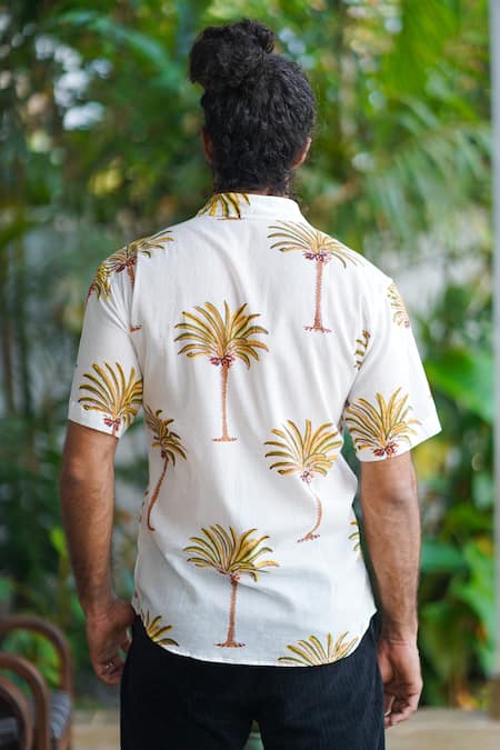 Shop_ALIAUM_White 100% Cotton Hand Block Print Palm Half Sleeve Shirt _at_Aza_Fashions