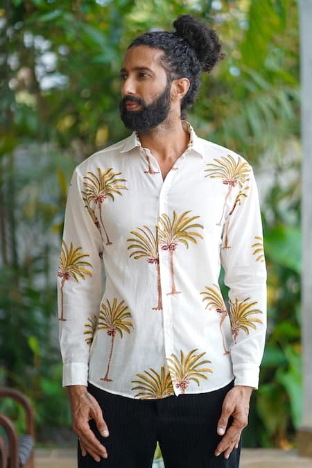 Aliaum_White Cotton Palm Block Print Shirt _Online_at_Aza_Fashions
