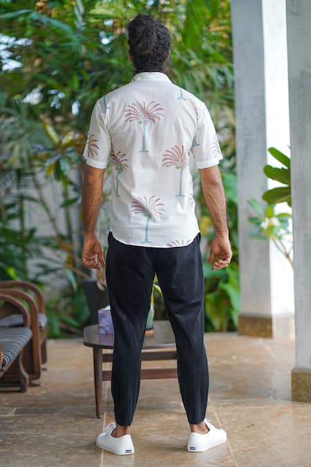 Aliaum_White Cotton Embroidery Tropical Palm Print Shirt _Online_at_Aza_Fashions
