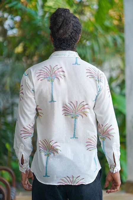 Shop_Aliaum_White Cotton Embroidery Tropical Print Shirt _at_Aza_Fashions