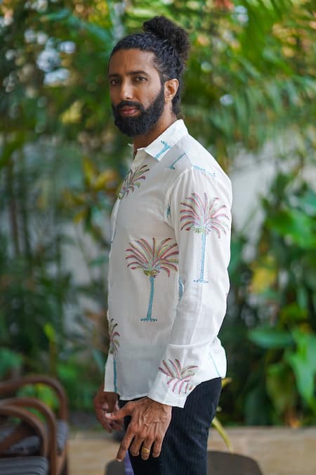 Aliaum_White Cotton Embroidery Tropical Print Shirt _Online_at_Aza_Fashions