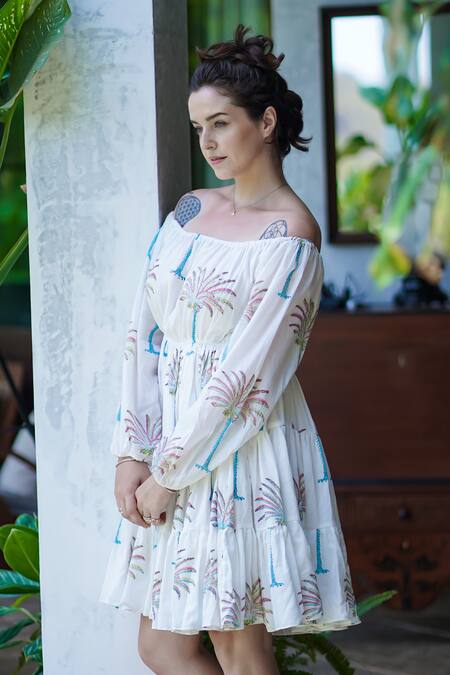 Aliaum_White Cotton Off-shoulder Tiered Palm Print Dress_Online_at_Aza_Fashions