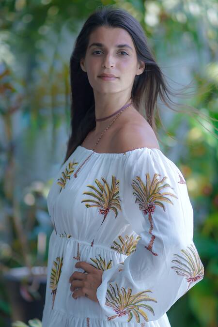 Aliaum_White Cotton Off-shoulder Palm Print Tiered Dress_Online_at_Aza_Fashions