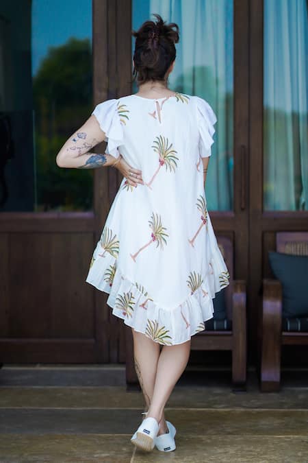 Aliaum Palm Print Asymmetric Dress 