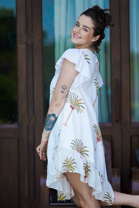 Aliaum_White Cotton Embroidery Round Neck Palm Print Asymmetric Dress _Online_at_Aza_Fashions