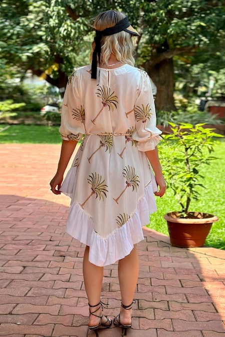 Aliaum_White Cotton Round Neck Asymmetric Palm Print Dress _Online_at_Aza_Fashions
