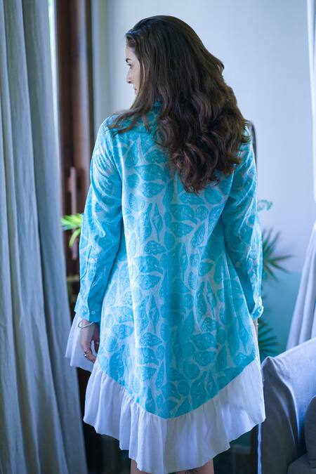 Shop_ALIAUM_Blue Cotton Embroidery Collared Shell Print Dress _at_Aza_Fashions