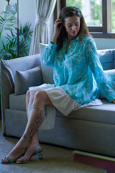 ALIAUM_Blue Cotton Embroidery Collared Shell Print Dress _Online_at_Aza_Fashions