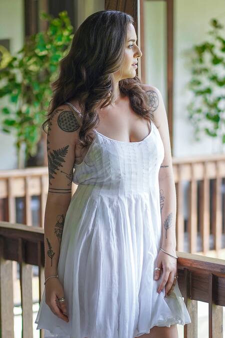 Buy Aliaum White Cotton Square Neck Pintuck Placement Dress Online at Aza Fashions Buy_Aliaum_White Cotton Square Neck Pintuck Placement Dress _Online_at_Aza_Fashions