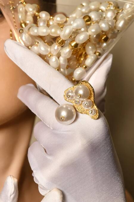 Mnsh_Gold Plated Pearls, Stones And Embellished Ring_Online_at_Aza_Fashions