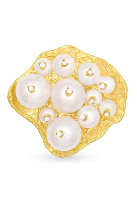 Shop Mnsh Gold Plated Stones, Pearls And Embellished Ring at Aza Fashions Shop_Mnsh_Gold Plated Stones, Pearls And Embellished Ring _at_Aza_Fashions