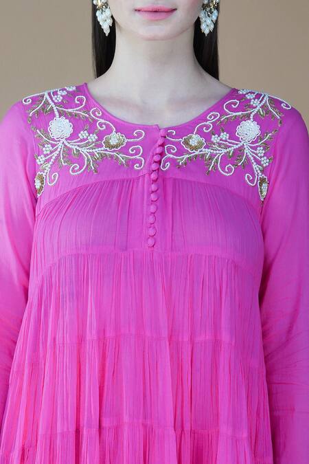 Buy_Nazar By Indu_Pink Cotton Sequins, Beads Round Neck 36 Kali Anarkali Pant Set _Online_at_Aza_Fashions