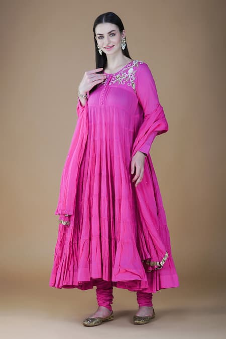 Shop_Nazar By Indu_Pink Cotton Sequins, Beads Round Neck 36 Kali Anarkali Pant Set _Online_at_Aza_Fashions