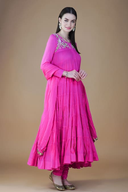 Nazar By Indu_Pink Cotton Sequins, Beads Round Neck 36 Kali Anarkali Pant Set _at_Aza_Fashions