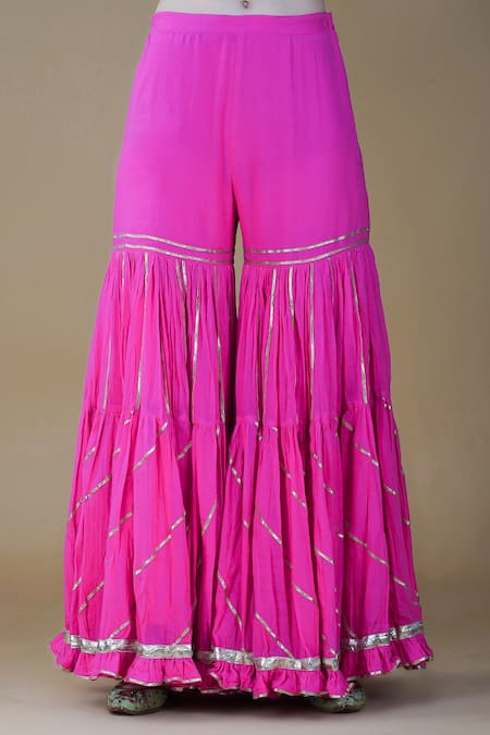 Nazar By Indu_Pink Cotton Sequins, Embroidery, Beads, Gota Floral Thread And Kurta Sharara Set _Online_at_Aza_Fashions