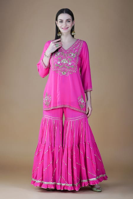 Buy_Nazar By Indu_Pink Cotton Sequins, Embroidery, Beads, Gota Floral Thread And Kurta Sharara Set _Online_at_Aza_Fashions