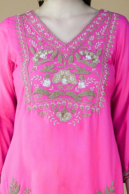 Shop_Nazar By Indu_Pink Cotton Sequins, Embroidery, Beads, Gota Floral Thread And Kurta Sharara Set _Online_at_Aza_Fashions
