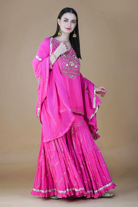 Nazar By Indu_Pink Cotton Sequins, Embroidery, Beads, Gota Floral Thread And Kurta Sharara Set _at_Aza_Fashions