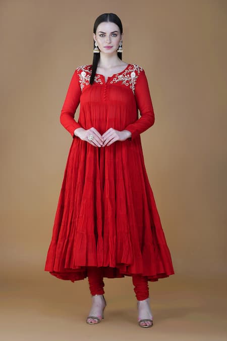 Buy_Nazar By Indu_Red Cotton Embroidery, Sequins Round Neck 36 Kali Tiered Anarkali Pant Set _Online_at_Aza_Fashions