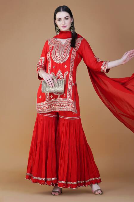 Nazar By Indu_Red Cotton Gota Patti V-neck Embroidered Short Kurta Gharara Set _Online_at_Aza_Fashions