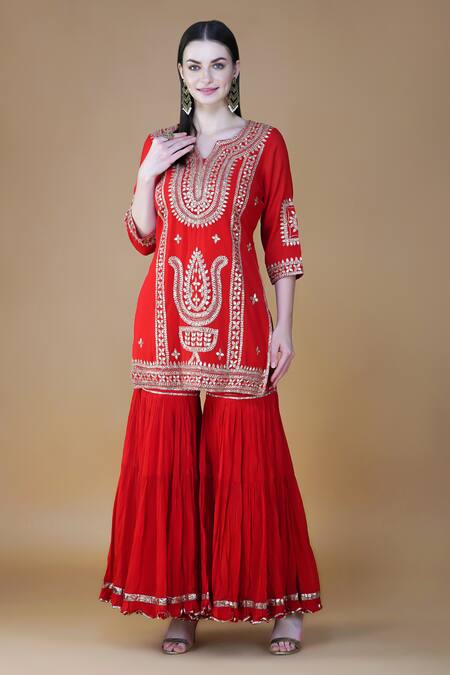Shop_Nazar By Indu_Red Cotton Gota Patti V-neck Embroidered Short Kurta Gharara Set _Online_at_Aza_Fashions