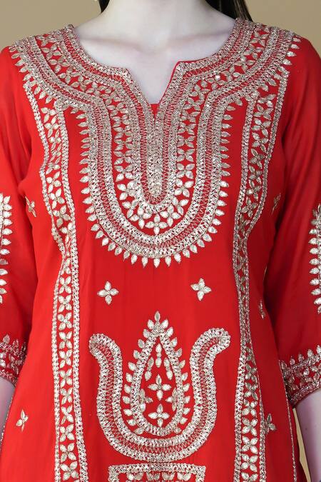 Nazar By Indu_Red Cotton Gota Patti V-neck Embroidered Short Kurta Gharara Set _at_Aza_Fashions