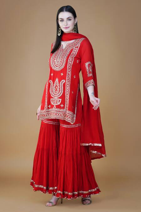 Buy_Nazar By Indu_Red Cotton Gota Patti V-neck Embroidered Short Kurta Gharara Set 