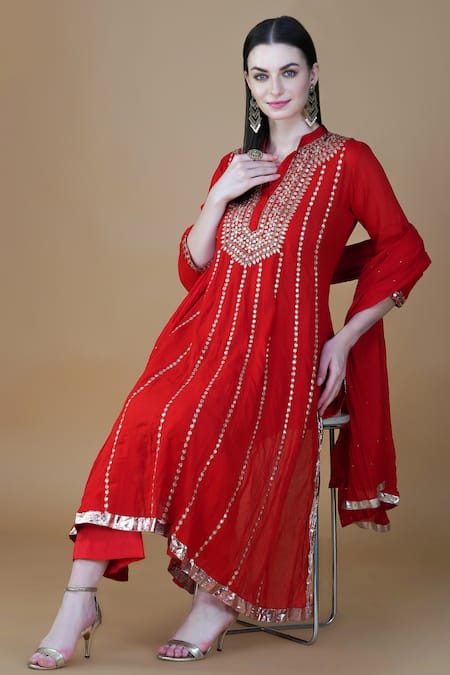 Nazar By Indu_Red Cotton Gota Patti, Sequins Mandarin Collar Work A Line Kurta Pant Set _Online_at_Aza_Fashions