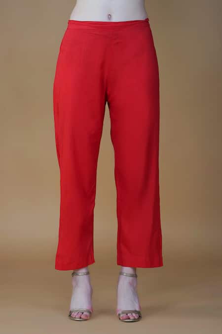 Buy_Nazar By Indu_Red Cotton Gota Patti, Sequins Mandarin Collar Work A Line Kurta Pant Set _Online_at_Aza_Fashions