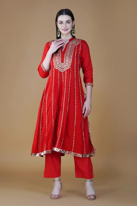 Shop_Nazar By Indu_Red Cotton Gota Patti, Sequins Mandarin Collar Work A Line Kurta Pant Set _Online_at_Aza_Fashions