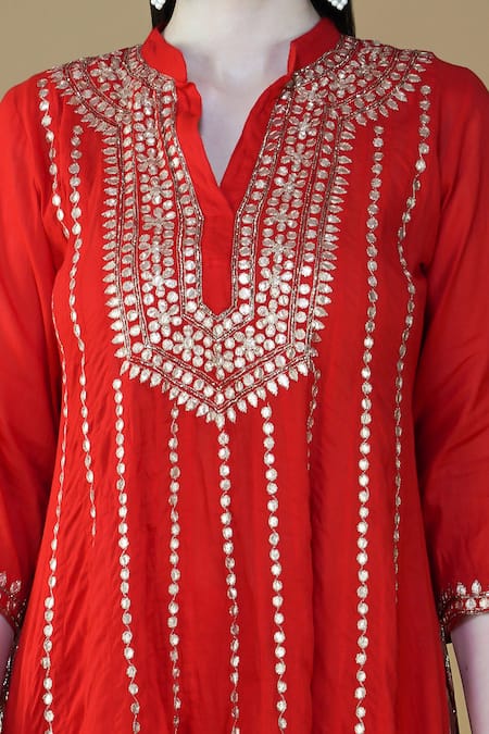 Nazar By Indu_Red Cotton Gota Patti, Sequins Mandarin Collar Work A Line Kurta Pant Set _at_Aza_Fashions