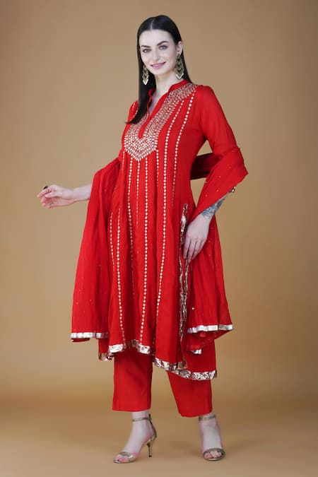 Buy_Nazar By Indu_Red Cotton Gota Patti, Sequins Mandarin Collar Work A Line Kurta Pant Set 
