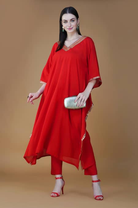 Nazar By Indu_Red Cotton Gota Patti V-neck Embroidered Kaftan And Pant Set _Online_at_Aza_Fashions