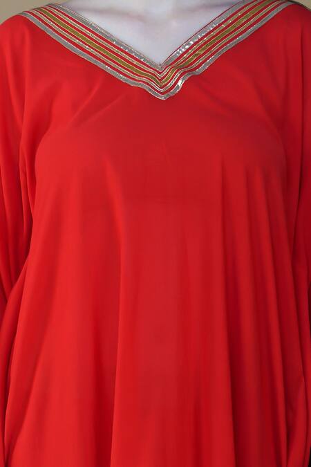 Shop_Nazar By Indu_Red Cotton Gota Patti V-neck Embroidered Kaftan And Pant Set _Online_at_Aza_Fashions