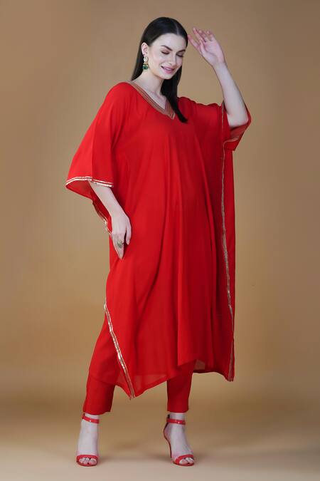 Nazar By Indu_Red Cotton Gota Patti V-neck Embroidered Kaftan And Pant Set _at_Aza_Fashions