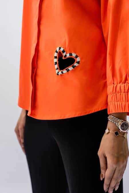 Buy Orange Cotton Poplin Embellished Hearts Wide Love Embroidered 