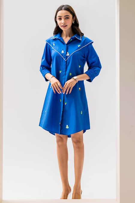 House of Dreams Blue Cotton Poplin Embellished Sequin Collar Shirt Dress 