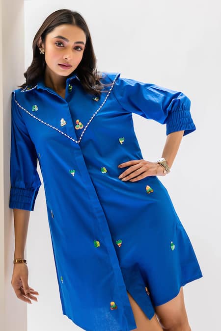 Shop House Of Dreams Blue Cotton Sequins Collared Embellished Shirt Dress at Aza Fashions Shop_House Of Dreams_Blue Cotton Sequins Collared Embellished Shirt Dress_at_Aza_Fashions