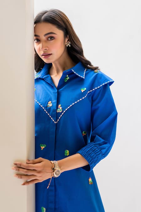 House Of Dreams Blue Cotton Sequins Collared Embellished Shirt Dress Online at Aza Fashions House Of Dreams_Blue Cotton Sequins Collared Embellished Shirt Dress_Online_at_Aza_Fashions