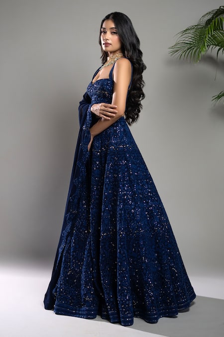 Shahmeen Husain_Blue Georgette Embroidery, Sequins Floral Chikankari Bridal Lehenga Set _Online_at_Aza_Fashions