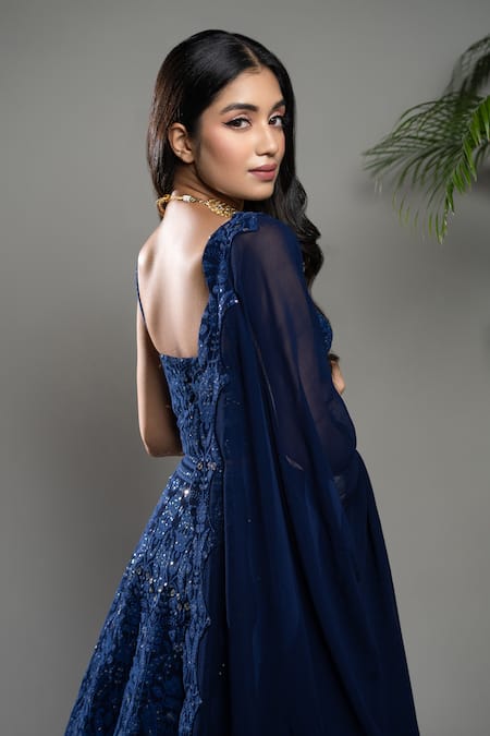 Buy_Shahmeen Husain_Blue Georgette Embroidery, Sequins Floral Chikankari Bridal Lehenga Set _Online_at_Aza_Fashions