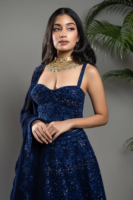 Shop_Shahmeen Husain_Blue Georgette Embroidery, Sequins Floral Chikankari Bridal Lehenga Set _Online_at_Aza_Fashions