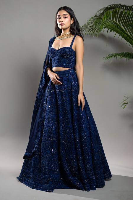 Shahmeen Husain_Blue Georgette Embroidery, Sequins Floral Chikankari Bridal Lehenga Set _at_Aza_Fashions
