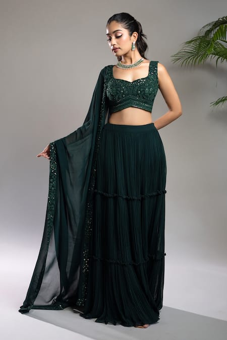 Shop_Shahmeen Husain_Green Georgette Embroidery, Sequins Chikankari Blouse Pleated Skirt Set _Online_at_Aza_Fashions