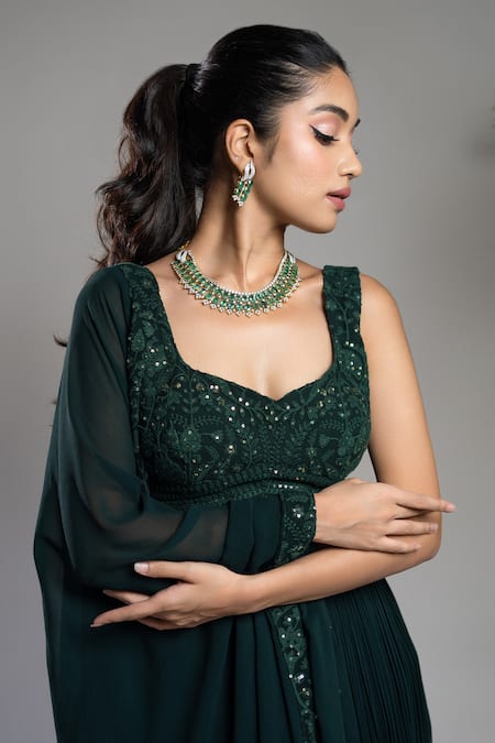 Shahmeen Husain_Green Georgette Embroidery, Sequins Chikankari Blouse Pleated Skirt Set _at_Aza_Fashions