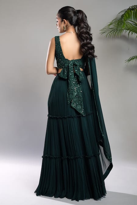 Buy_Shahmeen Husain_Green Georgette Embroidery, Sequins Chikankari Blouse Pleated Skirt Set 