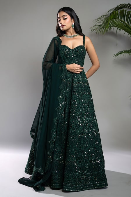 Shahmeen Husain Green Georgette Embroidered Chikankari Sweetheart Corset Anarkali With Dupatta 