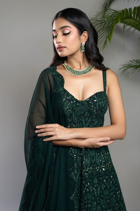 Shahmeen Husain_Green Georgette Embroidery, Sequins Chikankari Corset Anarkali With Dupatta _Online_at_Aza_Fashions
